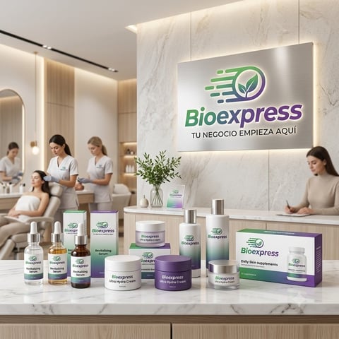 Bioexpress beauty and skincare products displayed on a marble counter in a modern spa with white-uniformed staff and logo signage