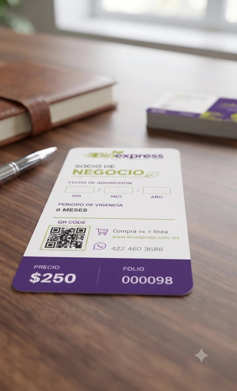 BioExpress business card on wooden desk with pen, notebook, and QR code. Shows $250 price and 6-month validity period.