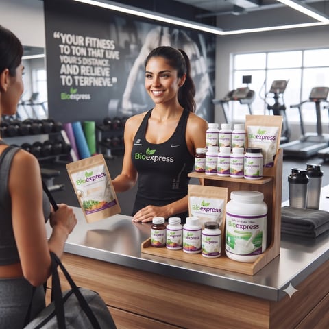 Woman at gym counter displaying Bioexpress fitness supplement products to customer in modern fitness facility