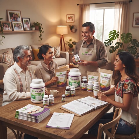 A family of four examines health supplements at a wooden table in a warm, plant-filled living room with marketing materials and product bottles displayed