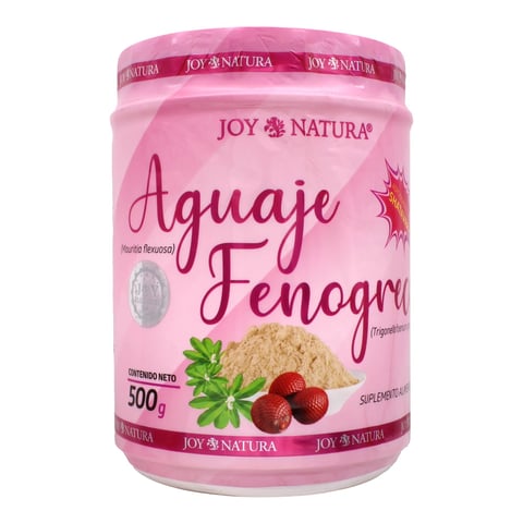 Joy Natura Aguaje Fenogr powder supplement jar, 500g pink container with natural ingredients