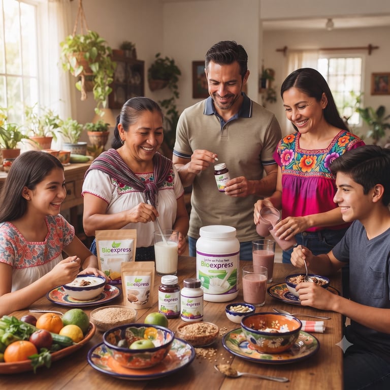 Multigenerational family enjoying a healthy meal together in a bright kitchen filled with fresh produce and supplements