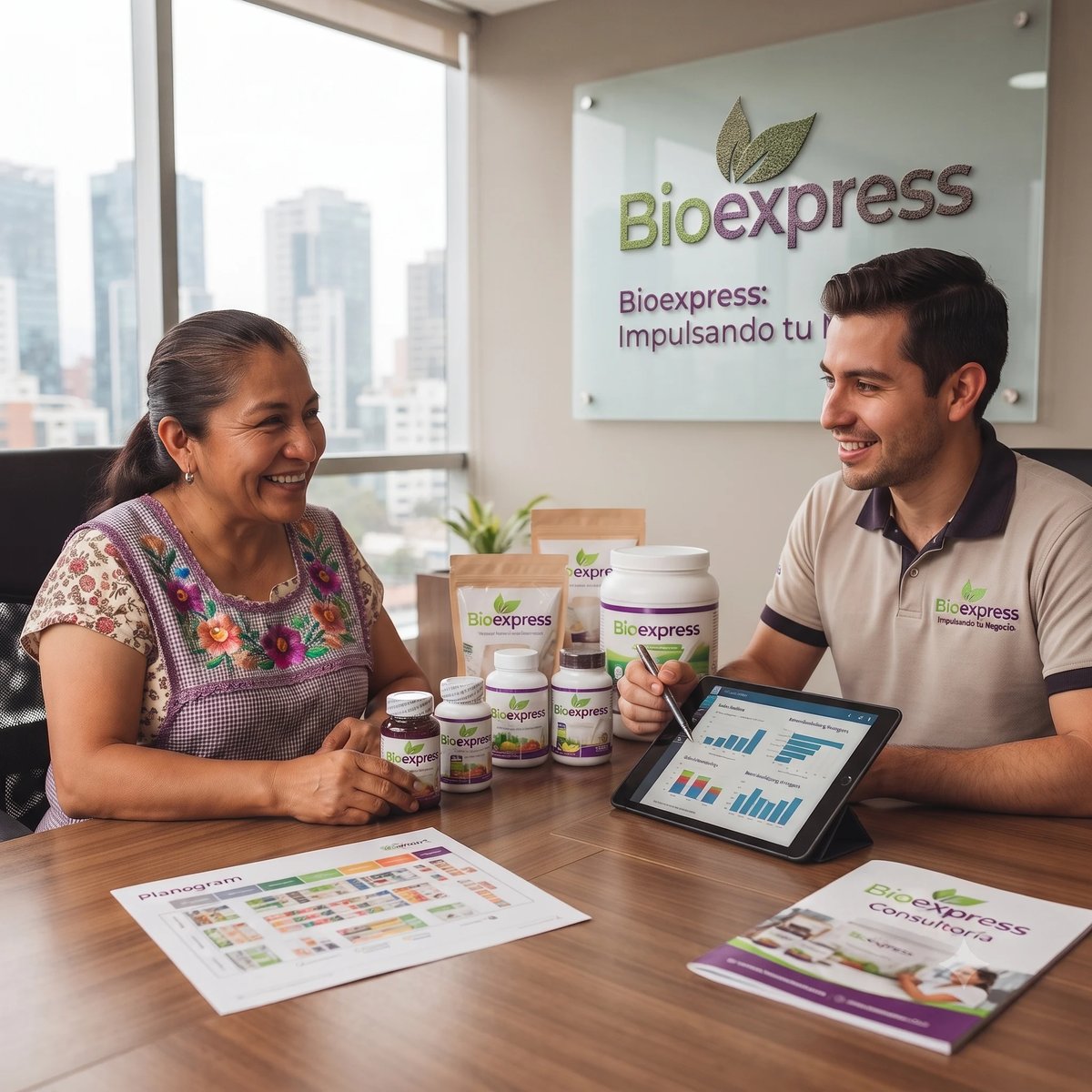 Two people discussing Bioexpress products in a modern office with city skyline view and branded signage
