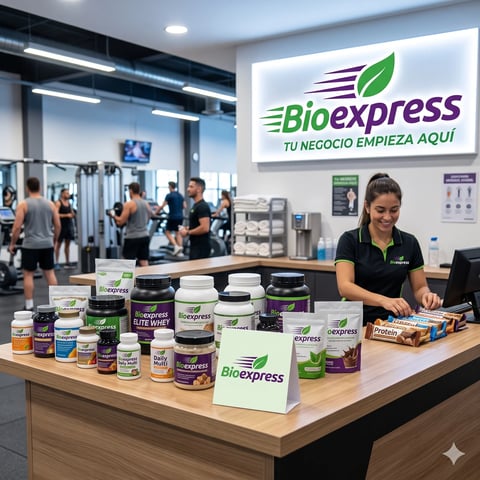 Bioexpress storefront with female employee at counter displaying nutritional supplement products and signage