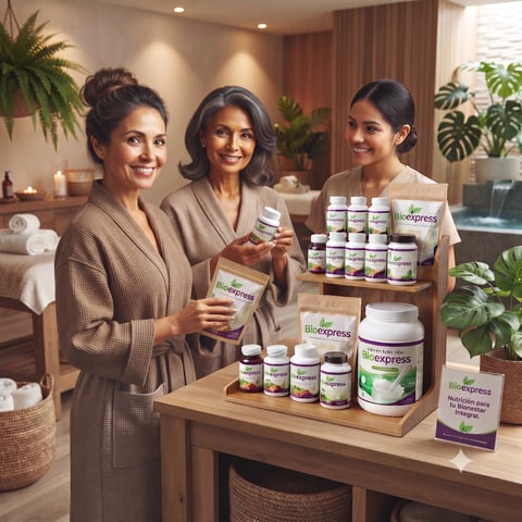 Three women in a spa setting displaying skincare products on a wooden counter with potted plants in the background