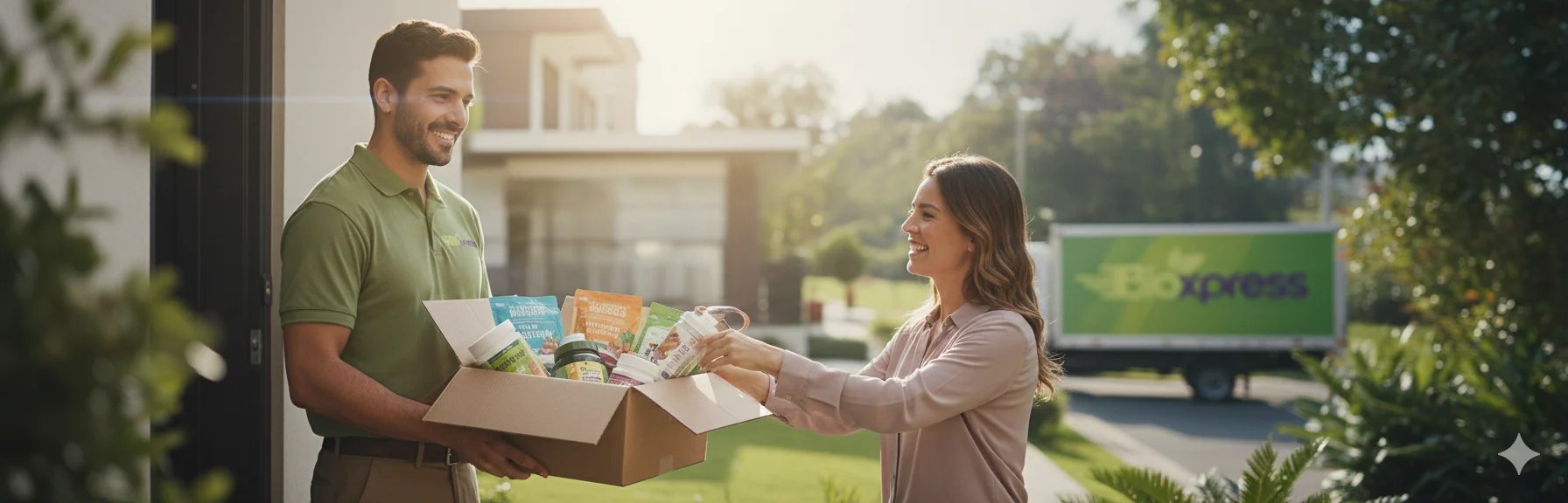 Delivery driver handing a package to a woman at her residential home on a sunny day