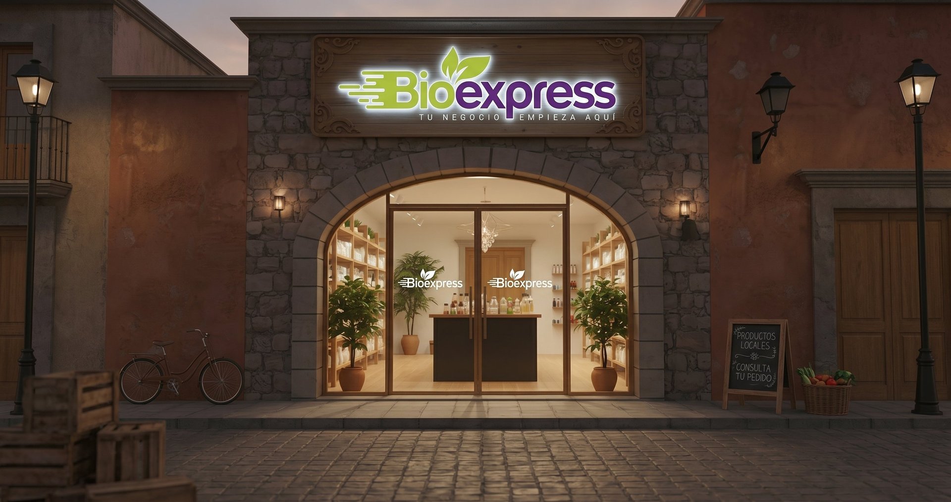 BioExpress storefront at night with illuminated sign, arched glass doors, potted plants, and stone facade