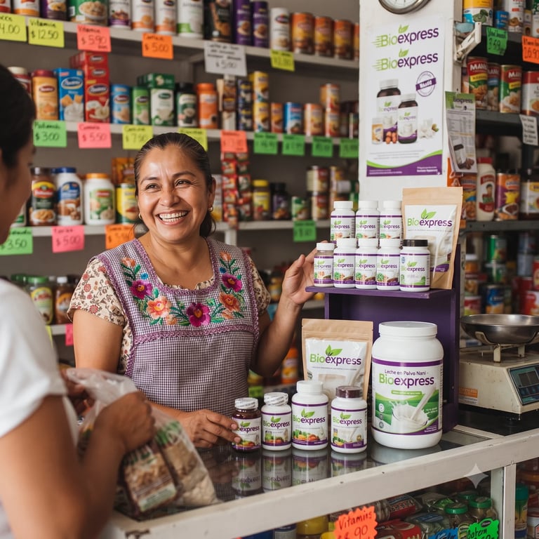 Smiling store clerk at counter with bioexpress supplements and products, shelves of packaged goods in background