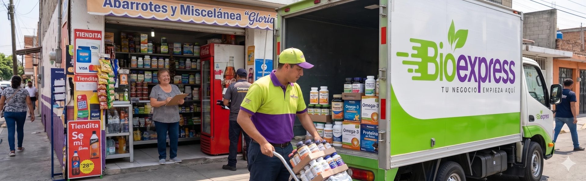 Delivery worker loading packages into a green Bioexpress delivery truck on a busy urban street with shops in the background