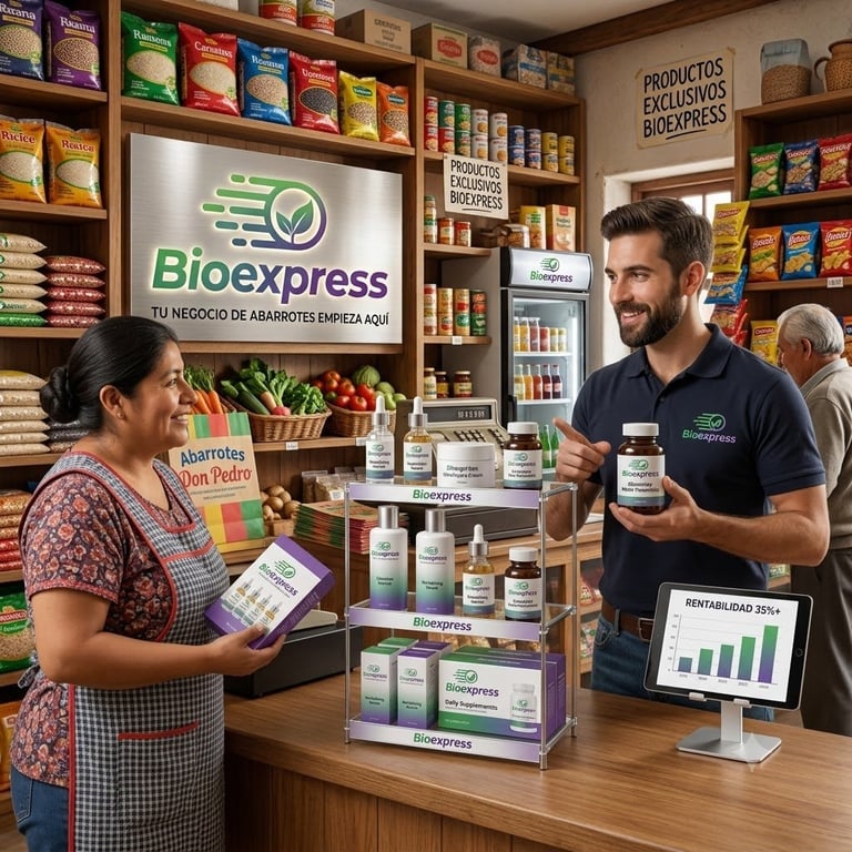 Bioexpress store owner showing products to customer at wooden counter with shelves of items behind them