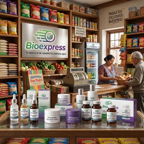 Bioexpress health products store interior with shelves of herbal remedies, beauty products, and customers browsing merchandise