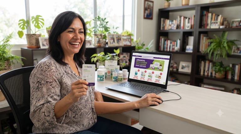 Mujer emprendedora sonriendo trabajando en laptop en oficina luminosa con plantas