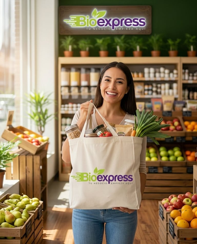 Woman holding Bioexpress canvas bag filled with fresh produce in a grocery store