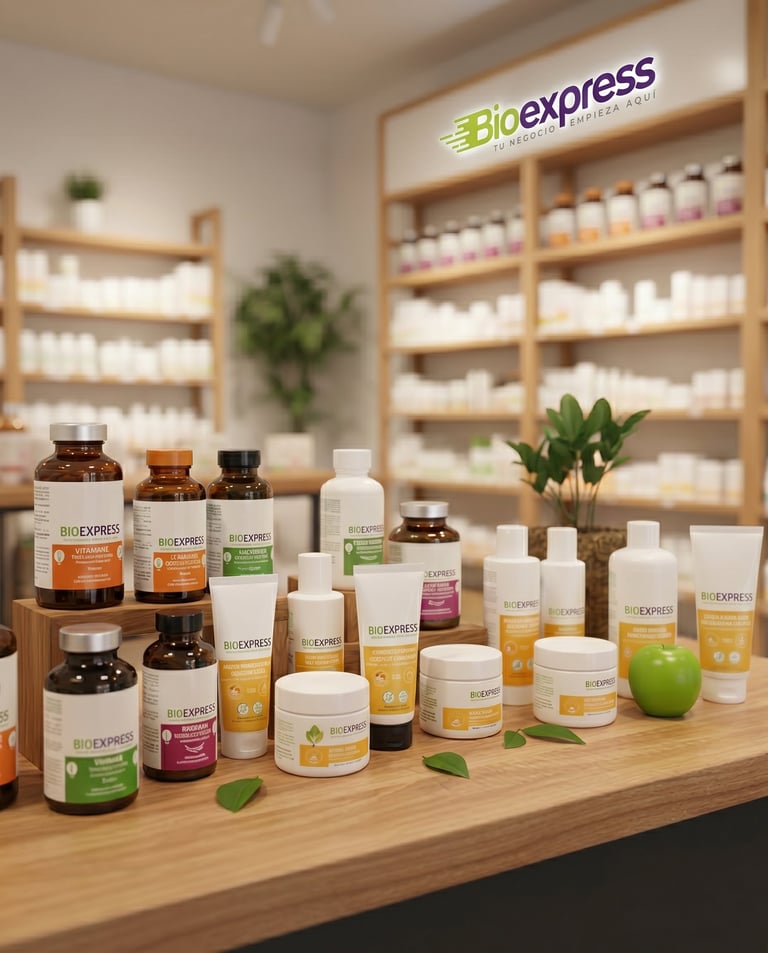 BioExpress wellness products displayed on wooden counter with shelves and branding in background