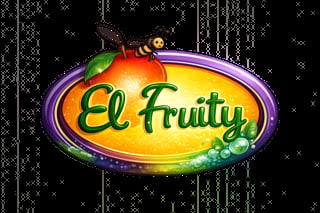 El Fruity logo with neon oval frame, colorful fruits, and a bee on a digital background