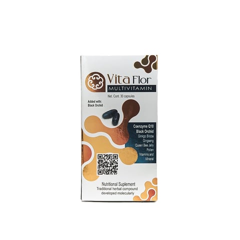 Vita Flor Multivitamin supplement box featuring brown and orange design with Black Orchid and natural ingredients