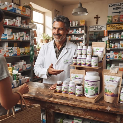 Pharmacist in white coat demonstrates bioexpress supplement products at wooden counter in pharmacy with shelves of medications