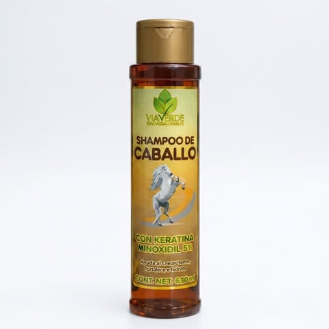 Bottle of Viva Verde horse shampoo with keratin and minoxidil, amber liquid with gold cap