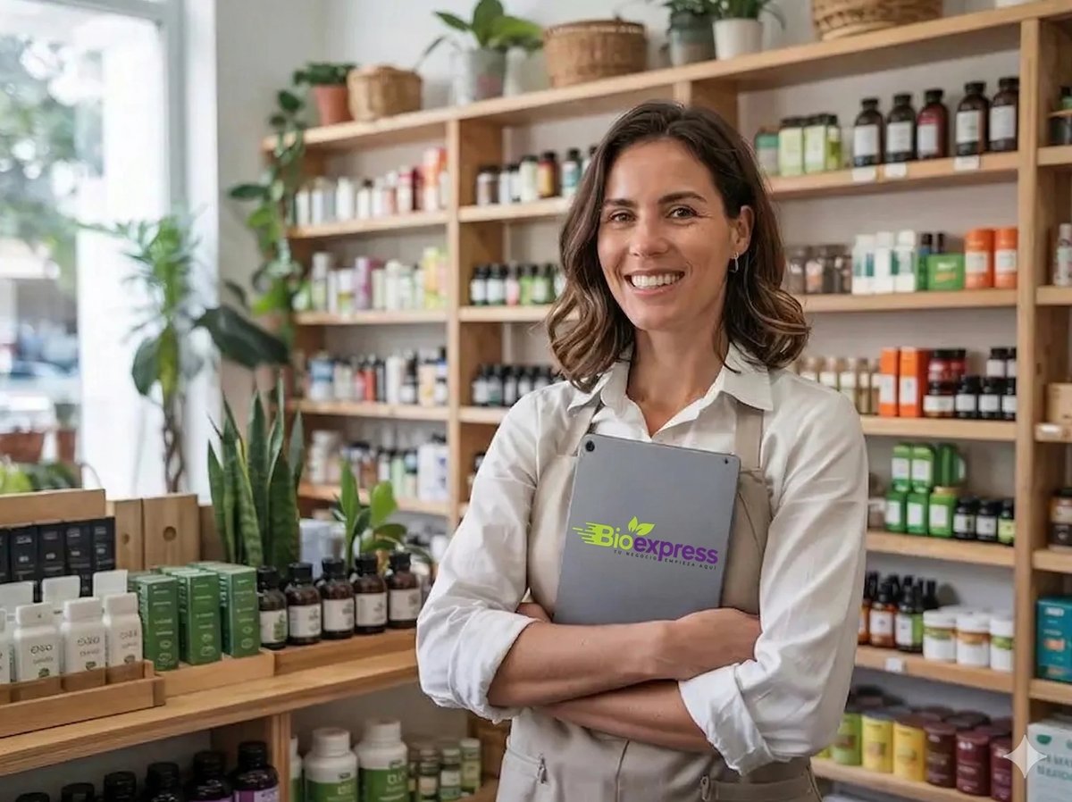 Woman in beige apron holding tablet smiling in wellness product store with shelves of natural remedies and plants